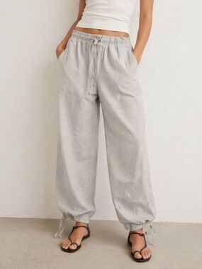 NWT Zara Cotton Linen Light Gray Drawstring Jogger Pants